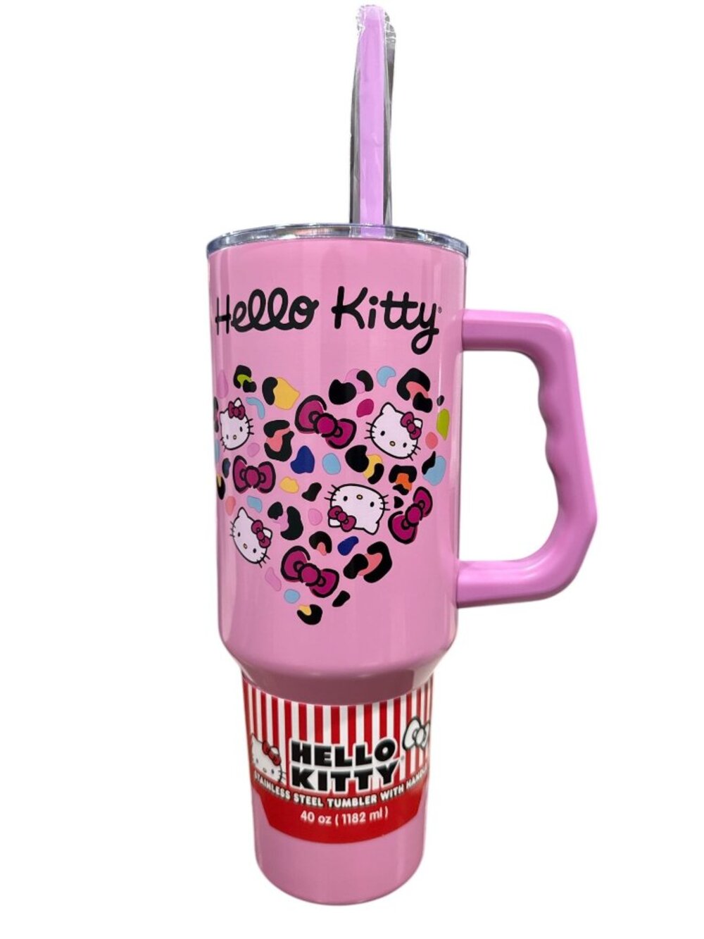 Hello Kitty Stainless Steel 40 Oz Tumbler With Handle & Straw Pink Leopard Print